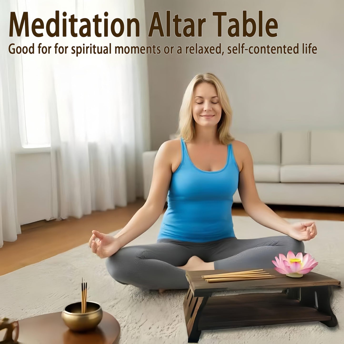 Folding Floor Table,Meditation Altar Table for Home Decor,Hand Carved Natural Brown Wood Small Puja Table, Used in The Tea Table Japanese,Study Room,IT is 24Inches(L),12 Inches(W) , 21 Inches(H)