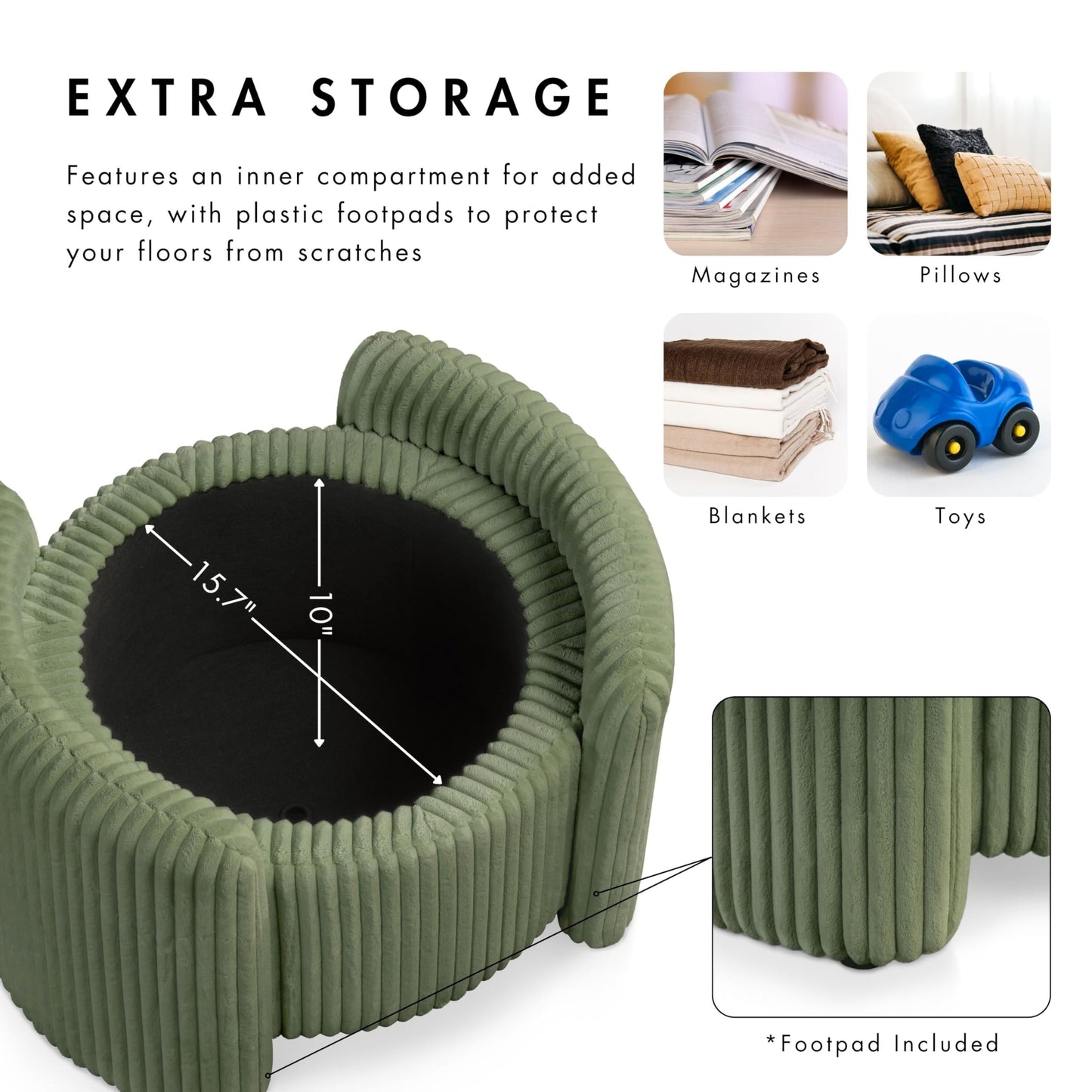 Furniture of America Lennox Modern Chenille 25-inch Round Storage Ottoman with Reversible Flip Top, Upholstered Footstool for Living Room, Bedroom, Entryway, Green
