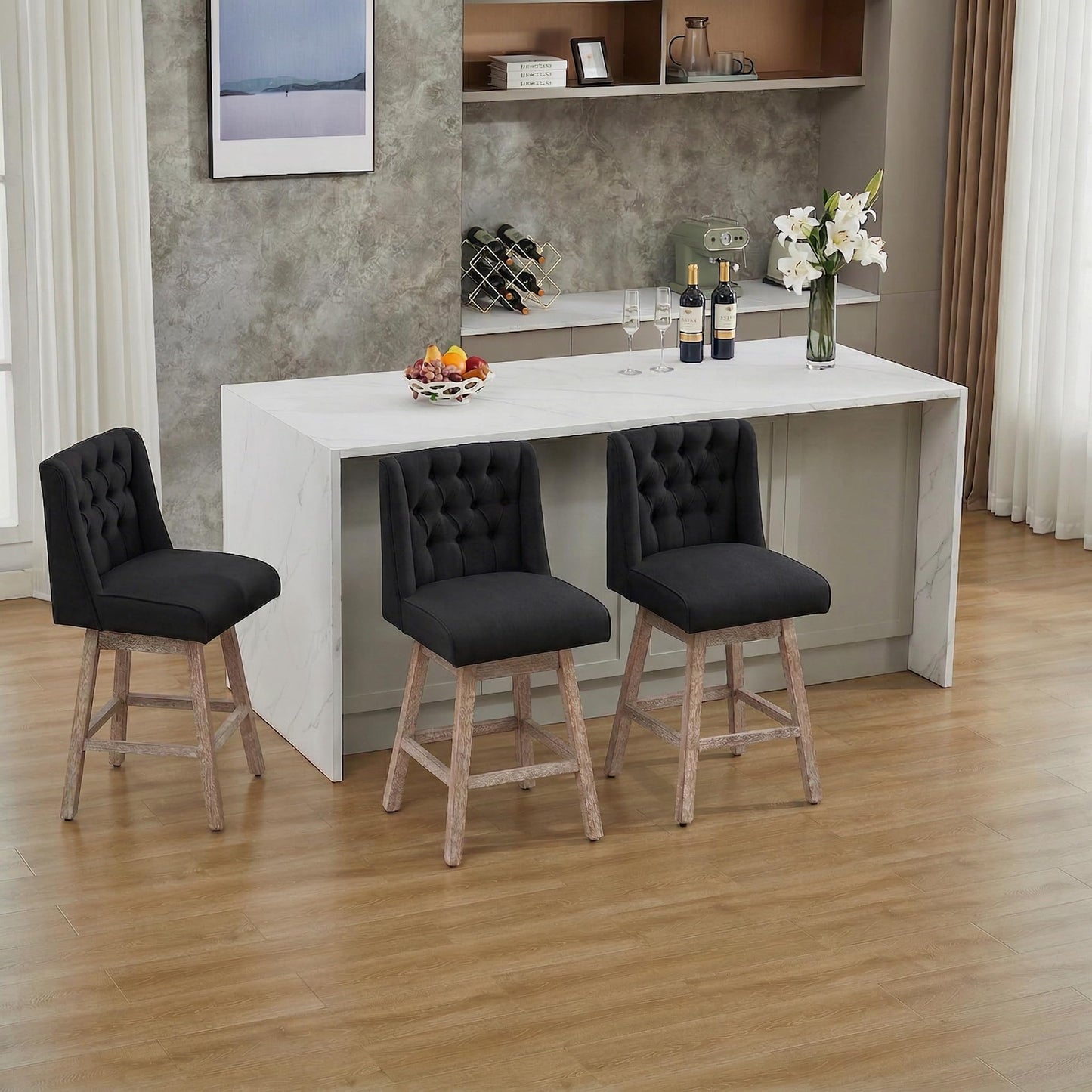 UDAX 26" Swivel Bar Stools Set of 4, Counter Height Barstools with Back, Linen Fabric Upholstered Bar Stools, Modern Barstools Wood Legs for Kitchen Island Dining Room Bar