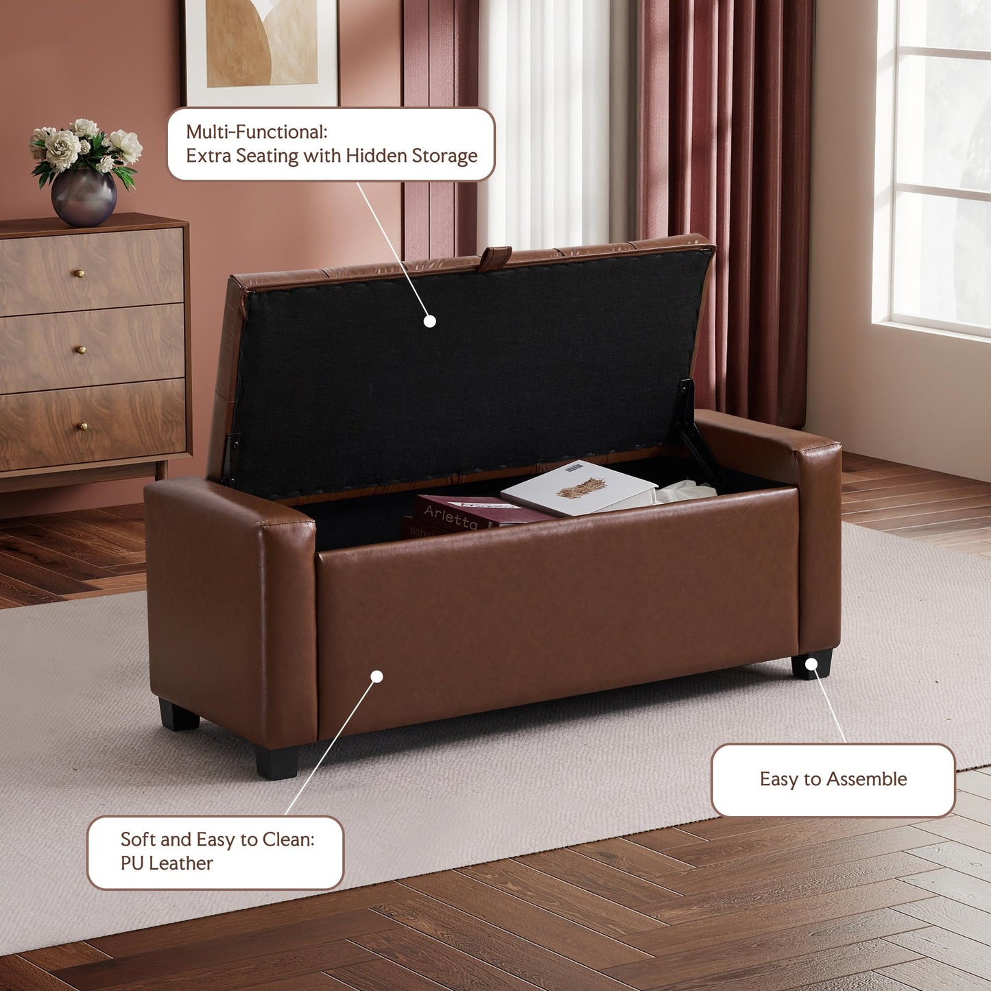 GRAINELL 42.13” Storage Ottoman Bench, Upholstered Tufted Bedroom Bench with Storage, End of Bed Storage Bench for Living Room & Entryway, 350 lb Capacity, Leather Brown