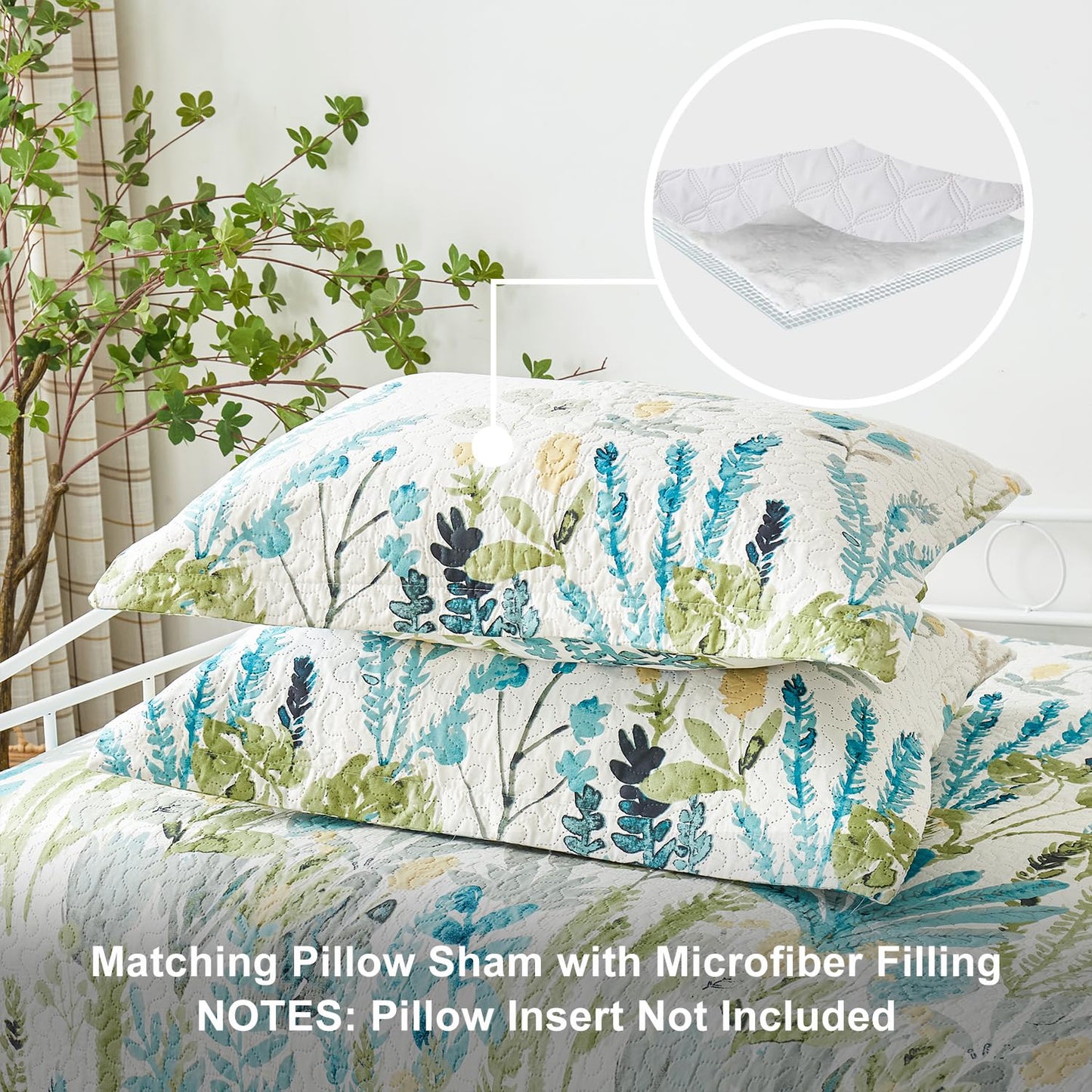 Jarson 3 Pcs Floral Daybed Cover Set Twin Size Green White Flower Sofa Cover Bedding Sets Double Side Bed Set for All Season Botanical Pattern Daybed Quilt Set with Pillow Shams