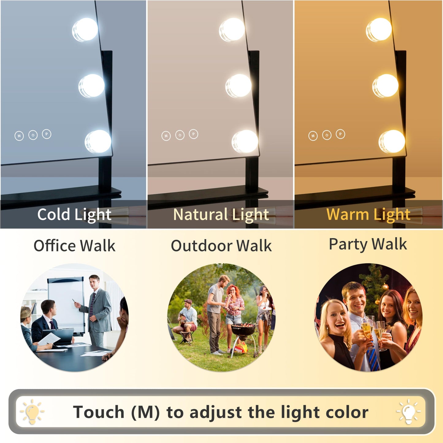 Kotdning Vanity Mirror with Lights,Lighted Vanity Mirror with 9 Dimmable Bulbs for Dressing Room & Bedroom,3 Color Lighting,Modes Detachable 10x Magnification 360°Ratation (Black) 12" L x 14.4" W