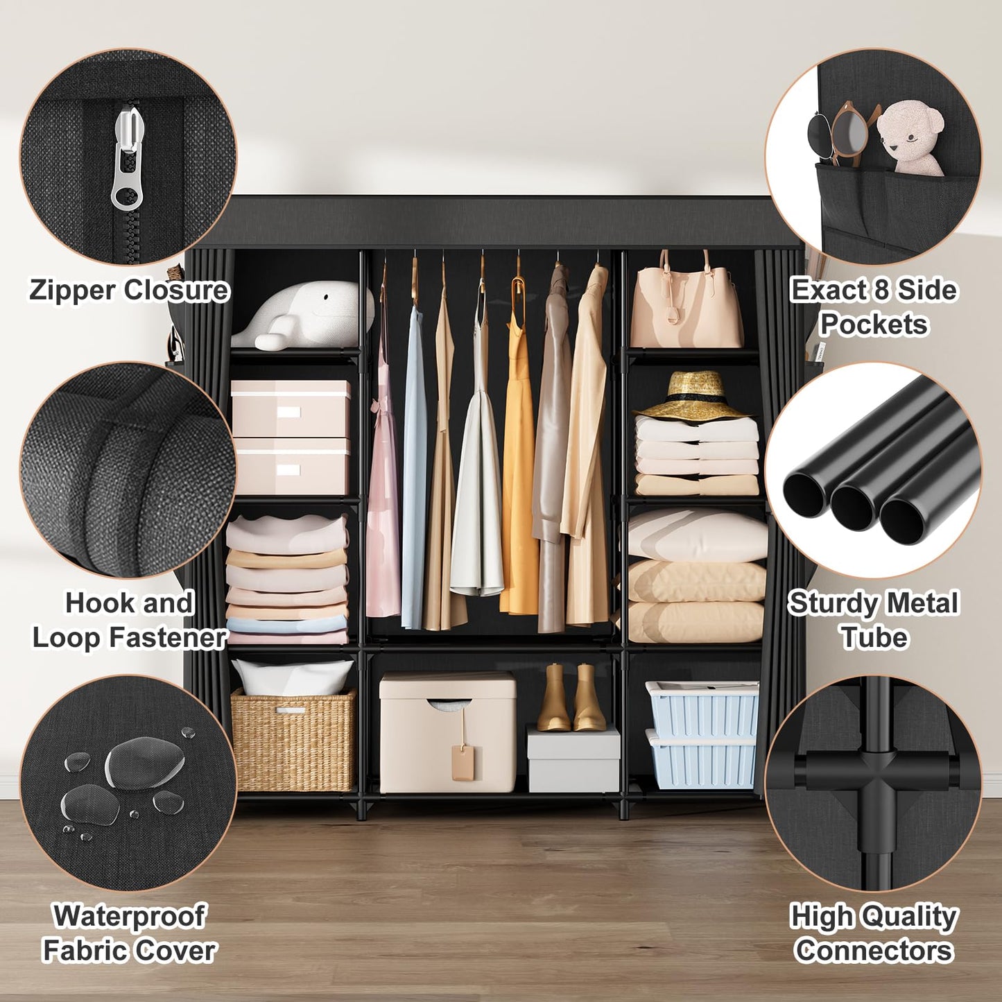 BrFoYu Portable Closet for Hanging Clothes 57.3 Inch Large Capacity Wardrobe Closet with Cover, 8 Pockets and 1 Hanging Rod, Easy Assembly Closet Organizer for Bedroom, Black
