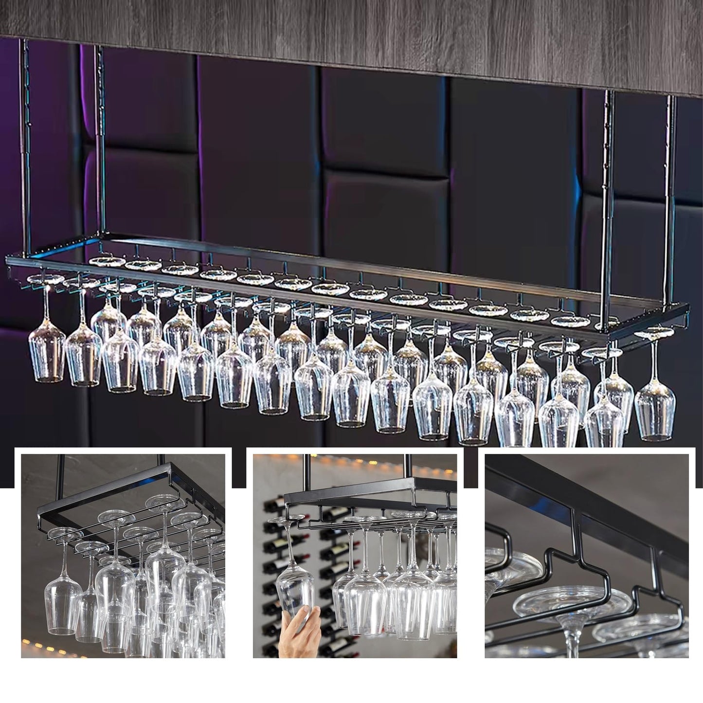 GFRWKCEX Ceiling Shelves Creative Wine Glass Holder, Black Metal Upside Down Decoration Rack, Adjustable Height Goblet Display Stand for Bar Home Cafe(60x35cm(24x14inch))