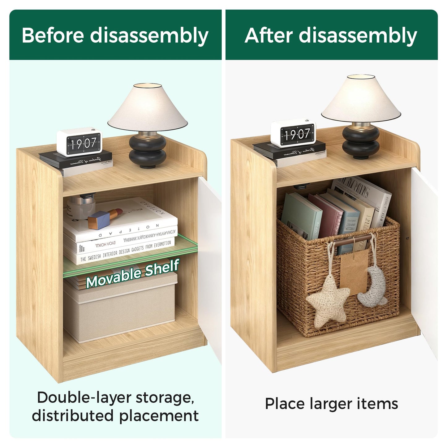 vie poetique Modern Wooden Nightstand, Durable, Elegant Design for Small Spaces, Wooden Night Stand Measuring 11.81" 15.74" 20.86", for Bedroom, Natural