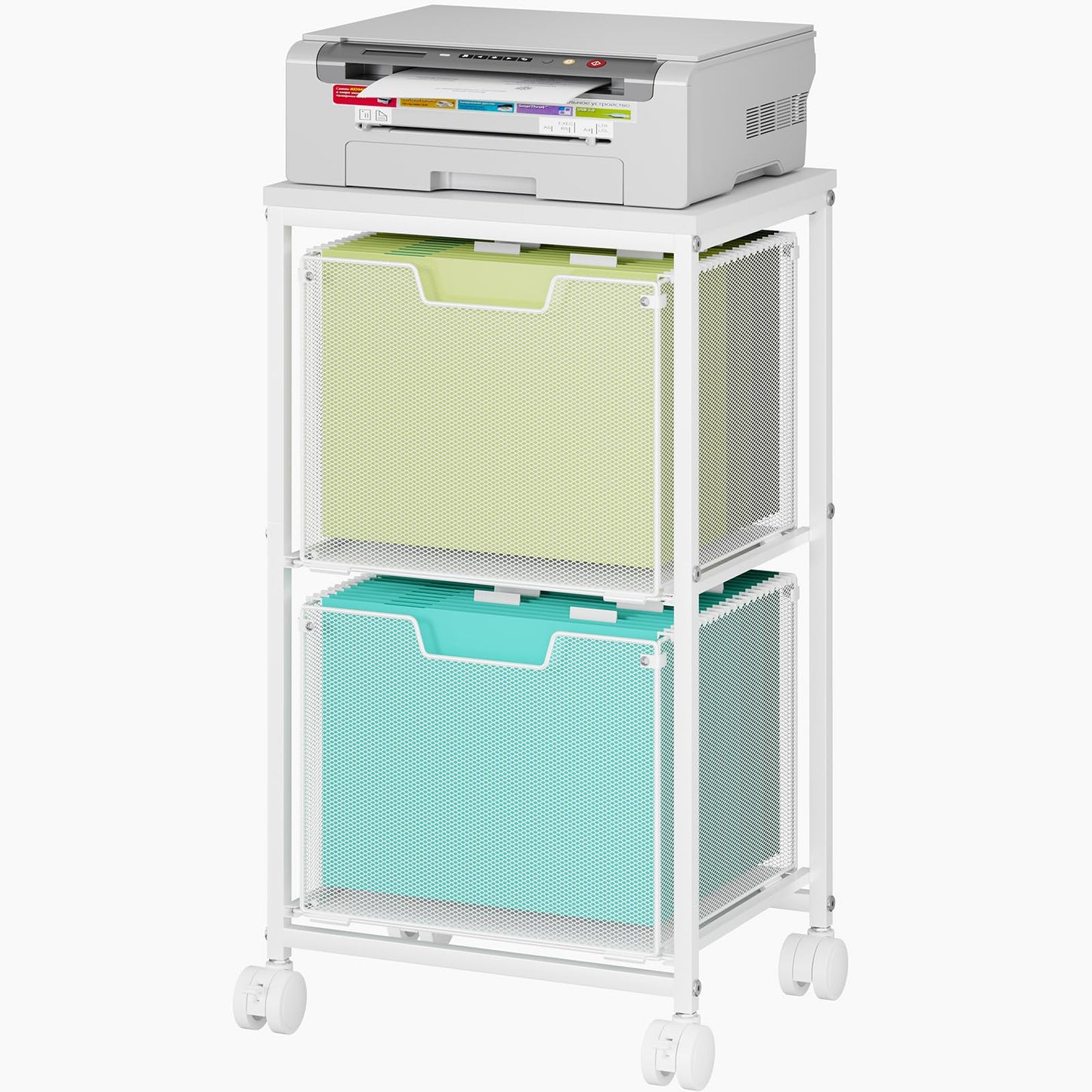 Rolling File Cart with 2 Storage Drawers,Under Desk Storage Cart,Hanging File Folder Organizer with Wheels, Filing Cabinet Mobile Printer Stand Utility Craft Cart for Home Office,White