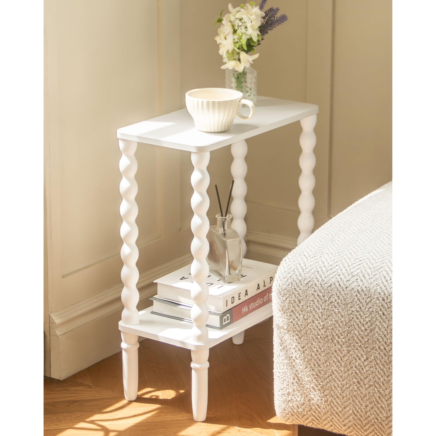 Fultyle Narrow Side Table, Small End Table with 2-Tier Storage, Small Bedside Table Slim Nightstand for Narrow Spaces, Living Room, Bedroom (White)