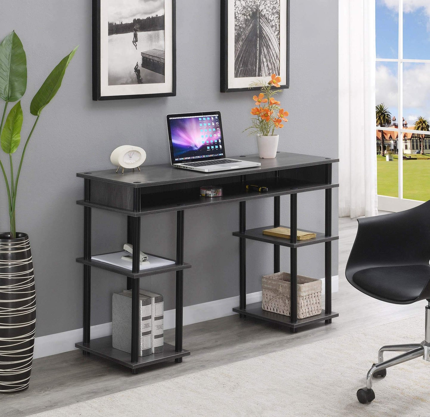 Convenience Concepts Designs2Go No Tools Desk Home Office Desk with Shelves, Corner Shelf Vanity Desk Computer Desk Nail Table for Nail Tech - 47.25" L x 15.75" W x 30" H, Charcoal Gray/Black