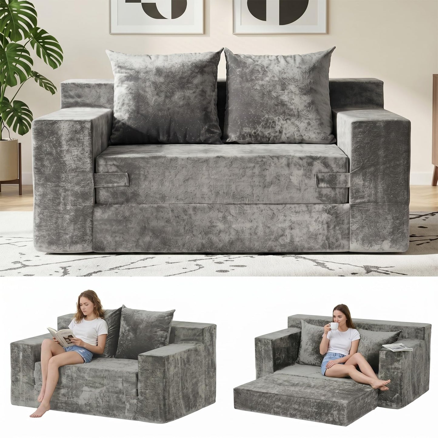 feliz home Boneless Loveseat Couches, Convertible Sofa Bed Folding Couch Bed, Boneless Chair Bed & Futon Sofa Bed, Small Pull Out Couch Foldable with 4 Pillows for Living Room, Light Grey