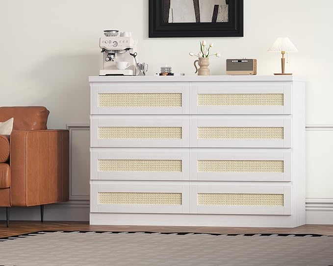 47 Inch Rattan 8 Drawer Dresser, Modern Farmhouse Chest of Drawers, Tv Stand