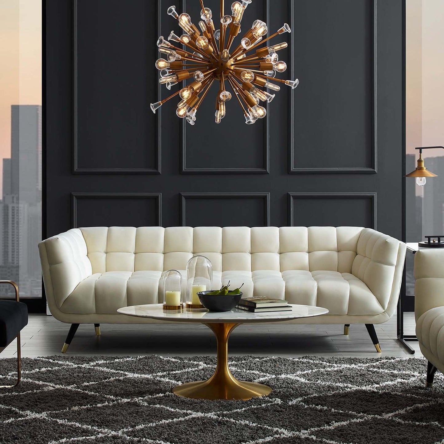 Modway Adept Contemporary Mid-Century Modern Performance Velvet Upholstered Tufted Sofa in Ivory