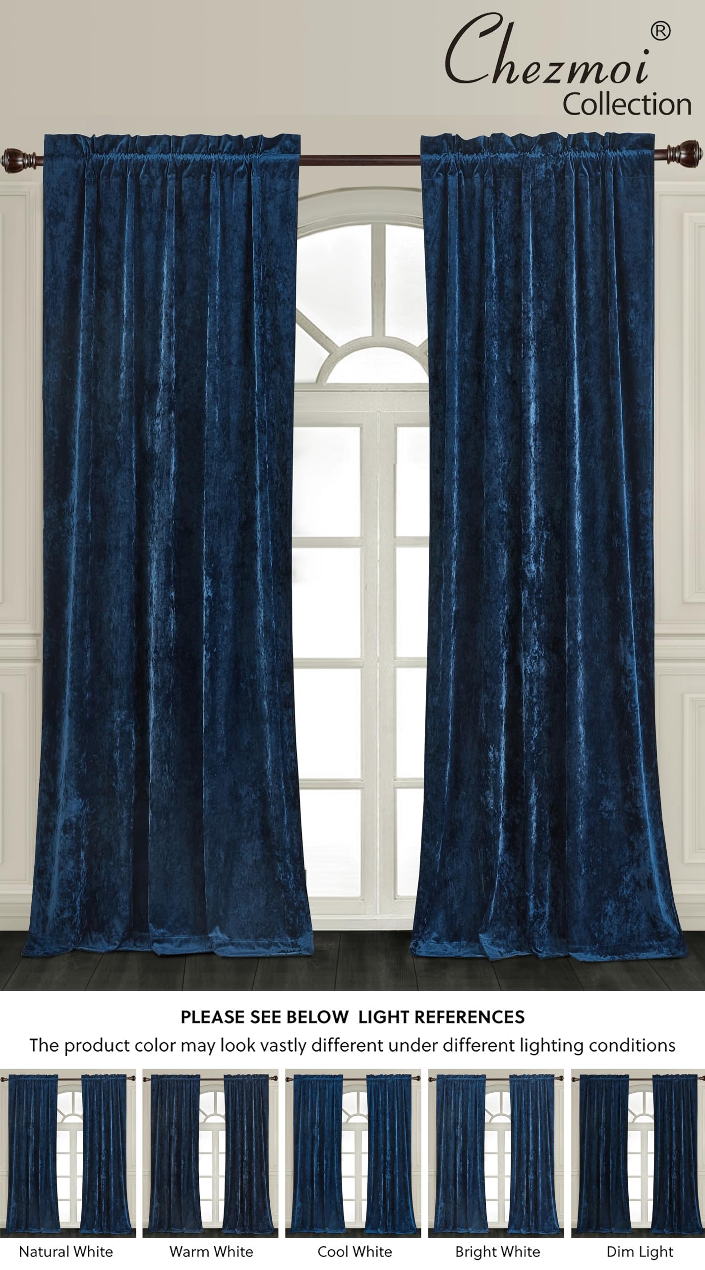 Chezmoi Collection Lux Navy Blue Crushed Velvet Curtains 2 Panel Set - 72 inches Long Room Darkening Luxury Distressed Velvet Rod Pocket Window Drapes for Living Room Bedroom 50" W x 72" L