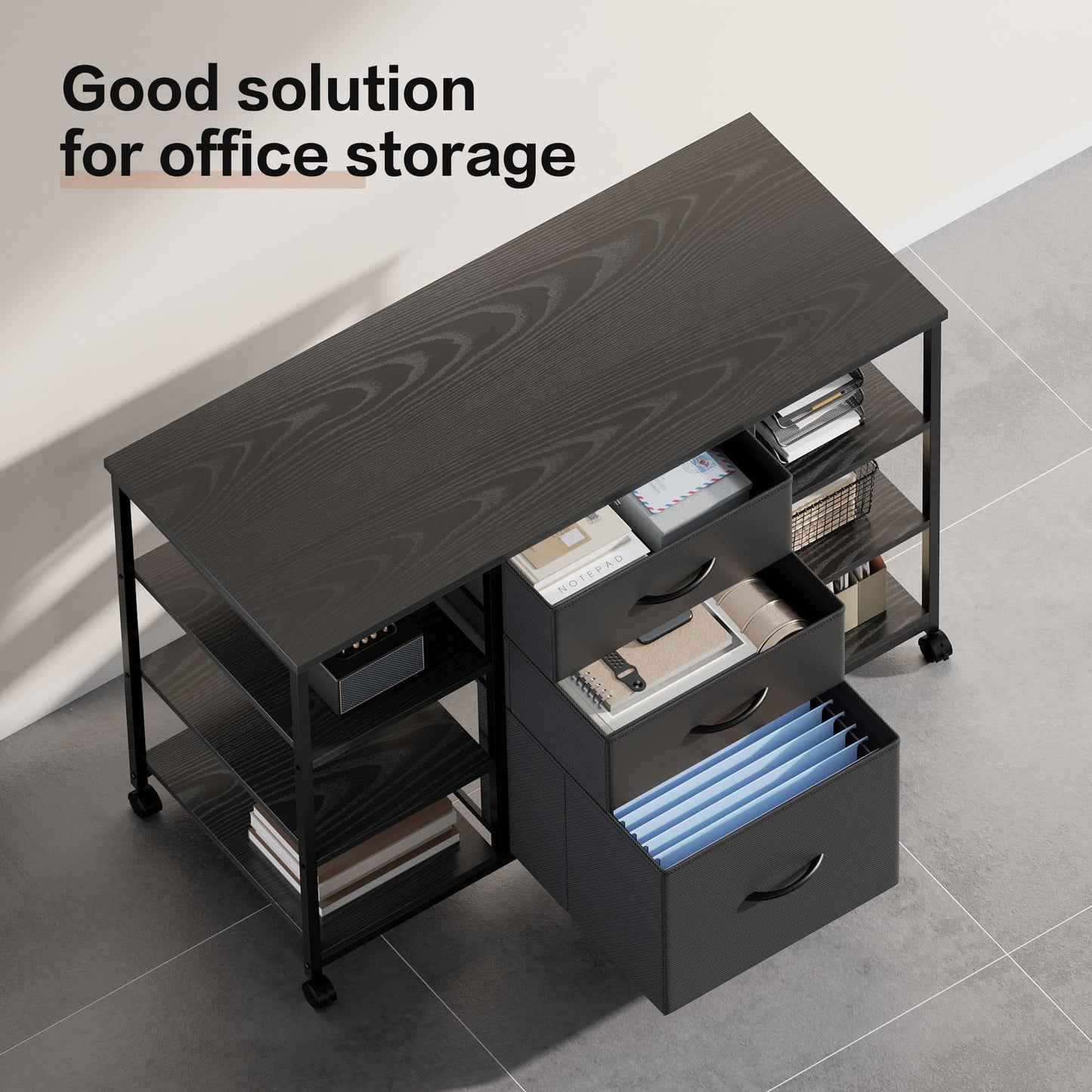 YeTom Mobile File Cabinet,Lateral Filing Cabinet with 3 Fabric Drawers,Rolling Printer Stand with 4 Open Storage Shelf for Home Office,Black