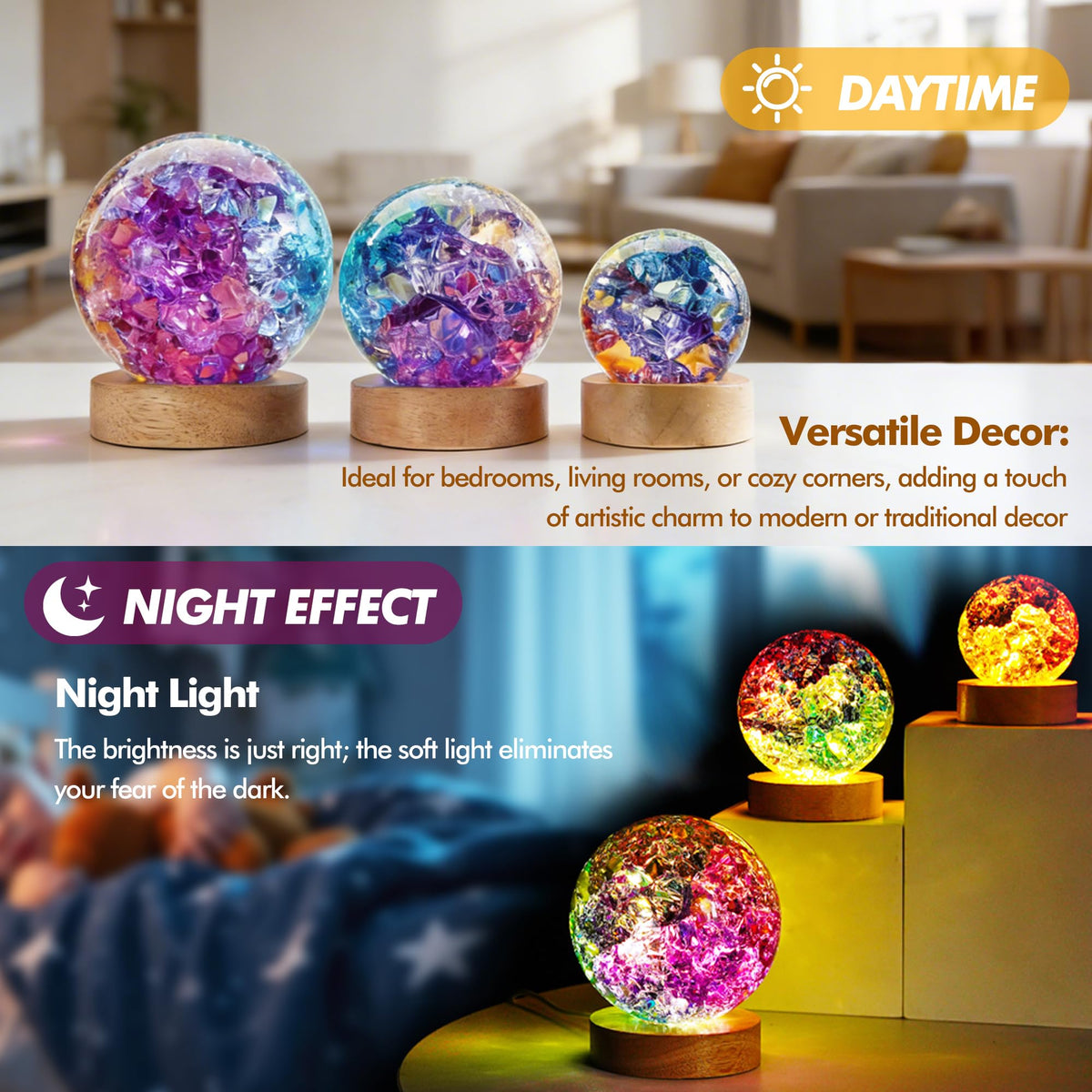 LOULIQIGIFT Colorful Ice Cracked Crystal Balls with Wooden Light Base 60mm Glass Spheres and 2Pcs LED Wooden Display Base for Crystal Glass Art Square Wooden Lamp Base