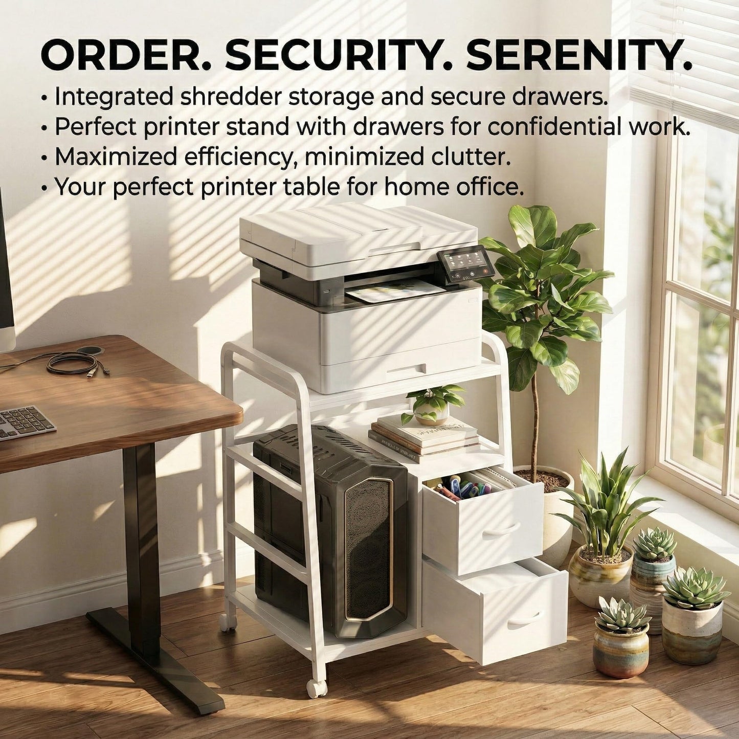 ZEXVIDA Printer Stand Featuring Fabric Drawers, Under Desk Host Computer Cabinet and Shredder Shelf, Heavy Duty Printer Stand with Storage Workstation Organization Printer Table for Home Office