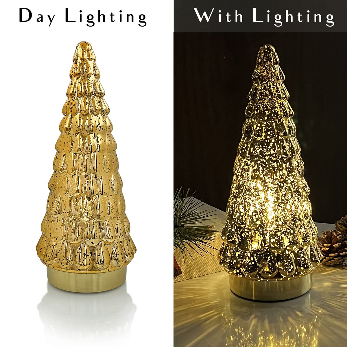 SHMILMH Gold Mercury Glass Christmas Tree Set of 2, Tabletop Christmas Tree with Light, Battery Operated Small Xmas Tree for Fireplace Centerpiece Decorations 10"