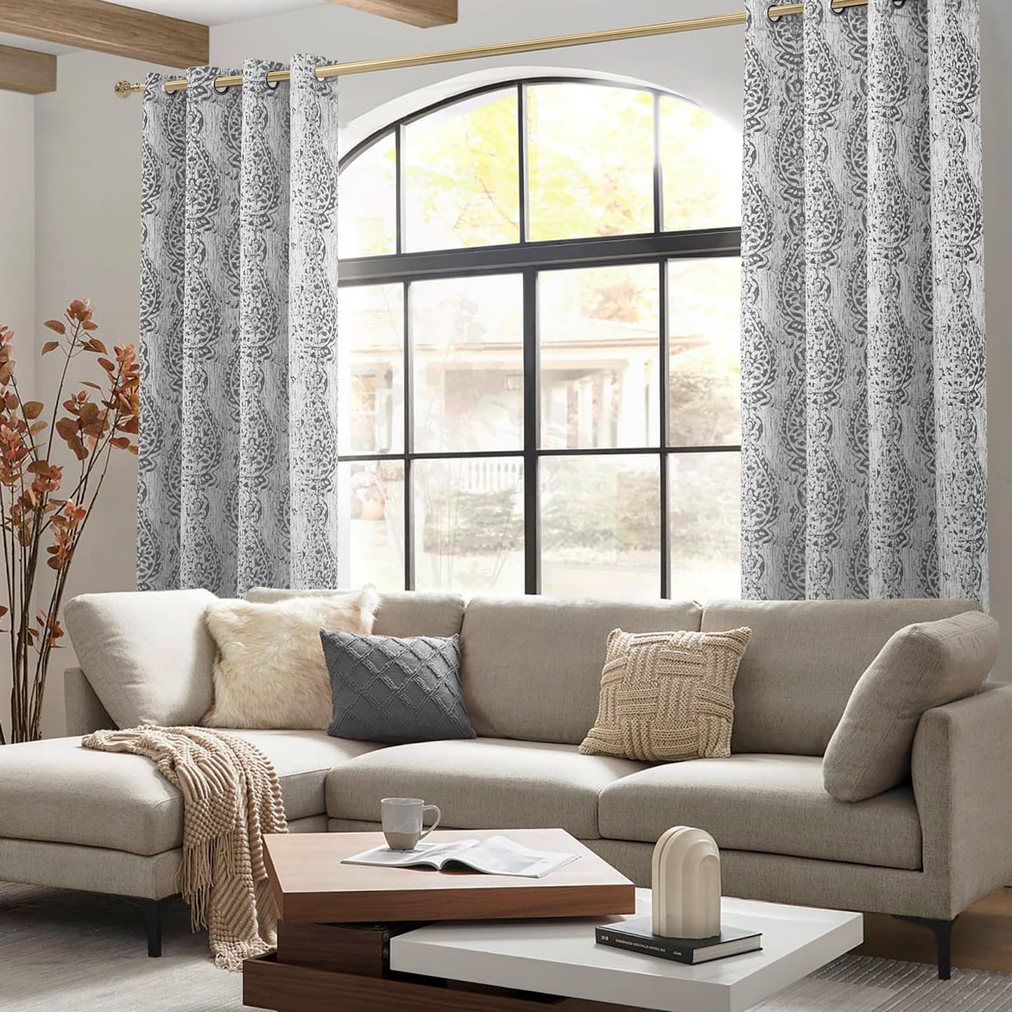 Mrs.Naturall 108 Inch 9FT Farmhouse Room Darkening Curtains, Damask Jacquard Luxury Grommet Drapes for Living Room Bedroom, 2 Panels Set, 9 FT Length 52'' L x 108'' W, Grey and White