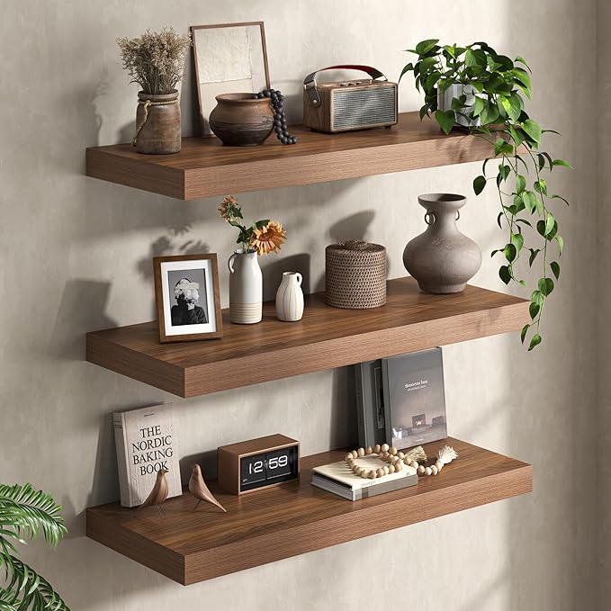 30Inch Walnut Floating Shelves for Wall, 12 Inch Deep Shelves for Bedroom