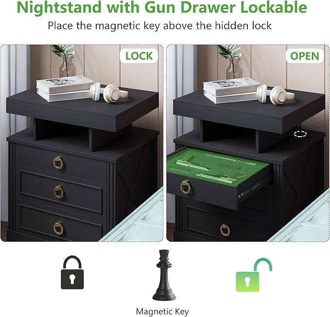 HNEBC Night Stand Set 2 with Gun Drawers, Farmhouse Nightstand with Charging