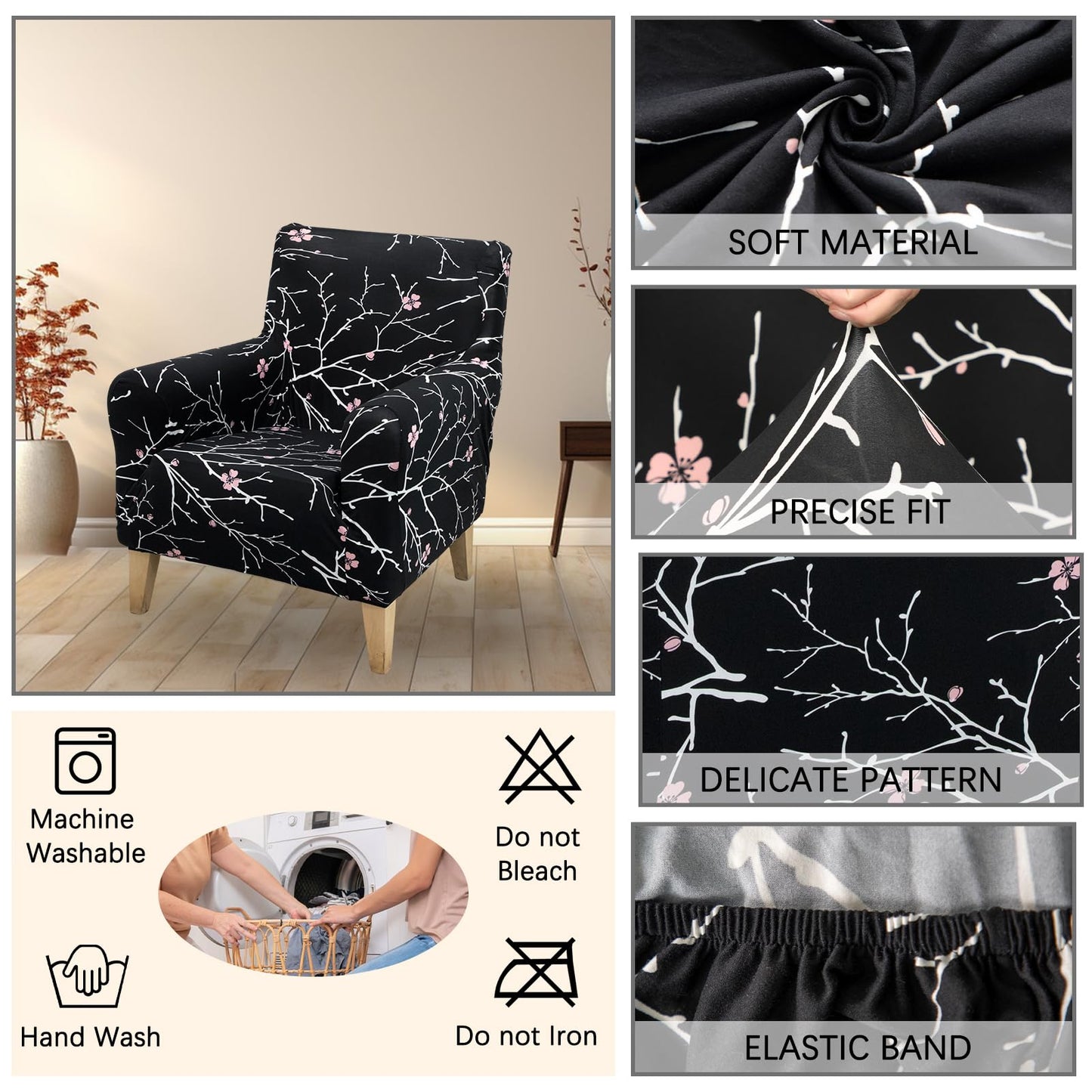 Adigau Chair Covers Stretch Armchair Protector Modern Printed Single Sofa Slipcover with Arms for Living Room Office Reception Reading Couch(Black Flower)
