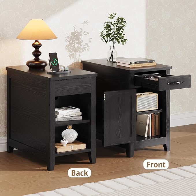 IRONCK End Table with Charging Station, Narrow Side Table