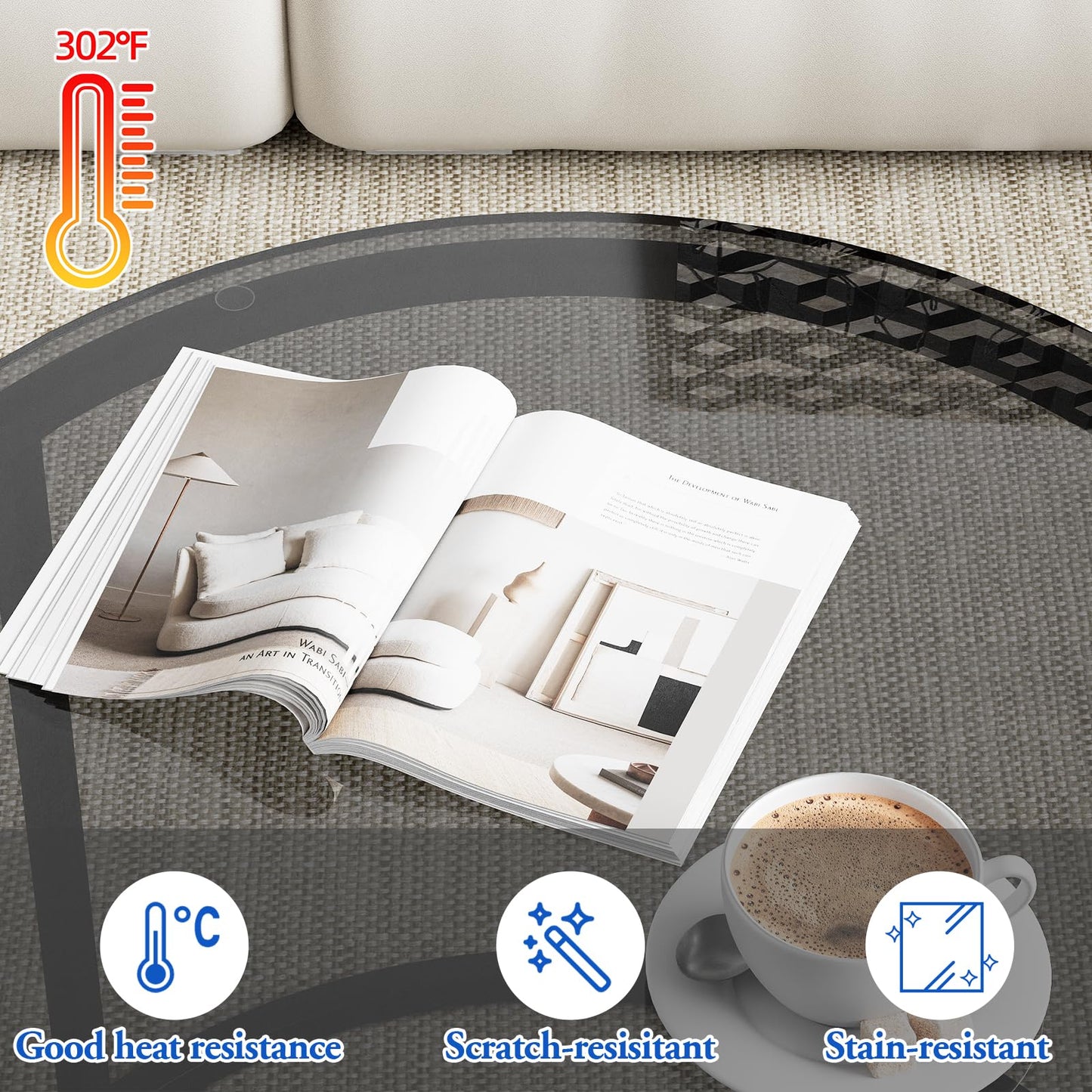 aboxoo Nesting Coffee Table Grey Glass Table Set of 2, Small Round Glass Nesting Tables for Living Room Bedroom, Accent Tea Table with Metal Frame Modern Industrial Simple