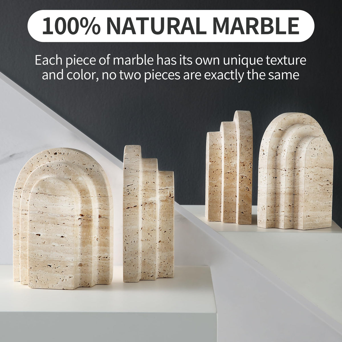 Natural Travertine Book Ends for Shelves Heavy 7.4 Lbs Non Slip Base
