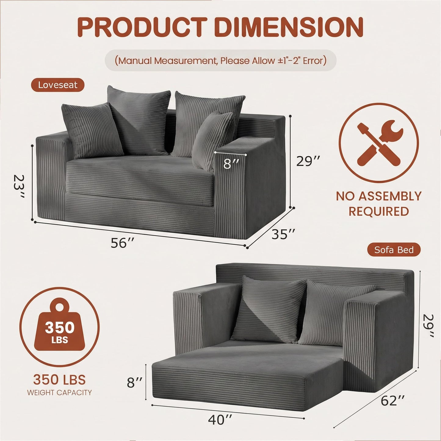 AOLVDOW Convertible Sofa Bed, 5 in 1 Small Boneless Couch Pull Out Loveseat Sleeper Sofa,Corduroy Futon Couch Folding Mattress with 4 Pillows for Living Room