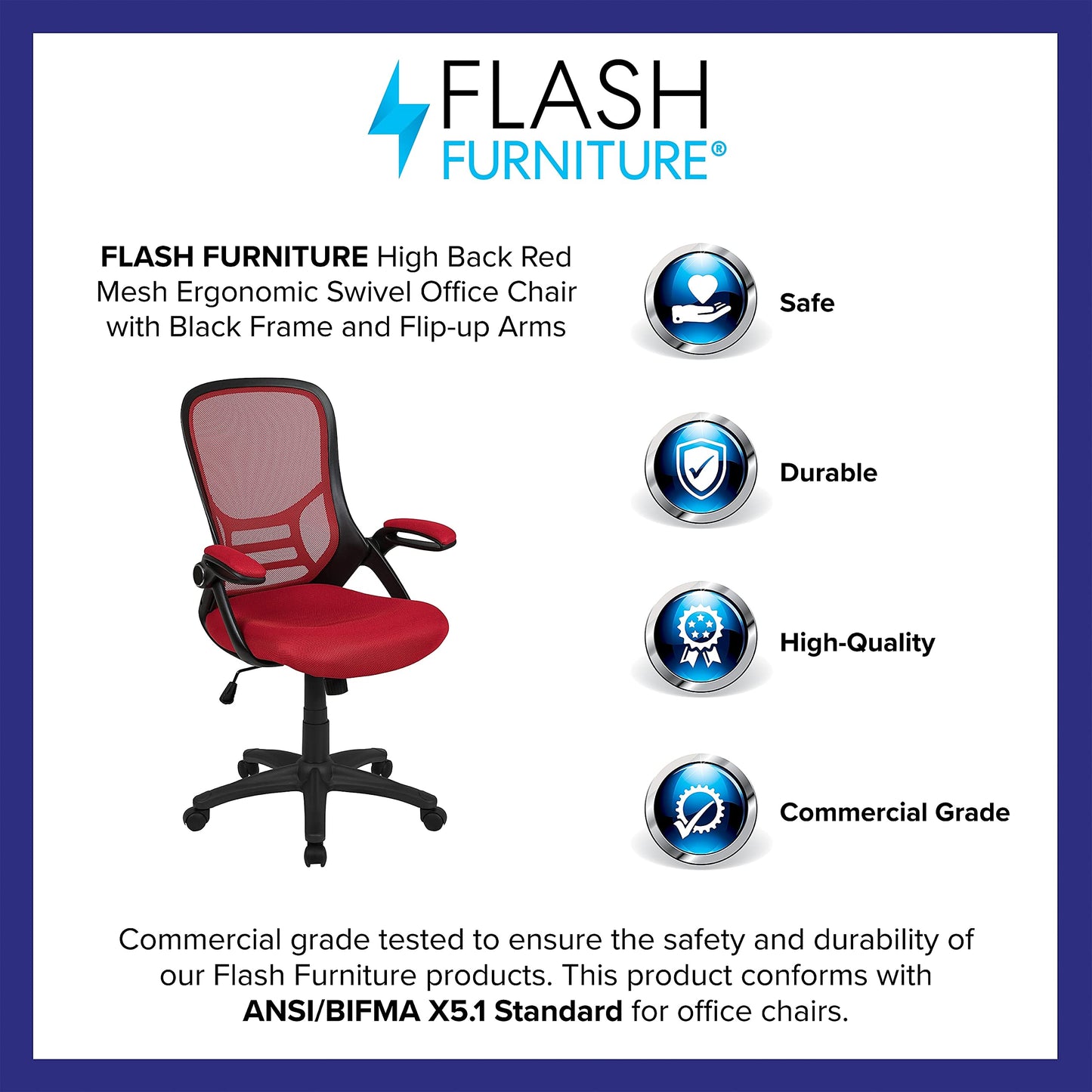 Flash Furniture Porter High Back Mesh Ergonomic Swivel Office Chair with Lumbar Support, Flip-Up Arms, Tilt Lock/Tilt Tension, Height Adjustable, Red/Black Frame