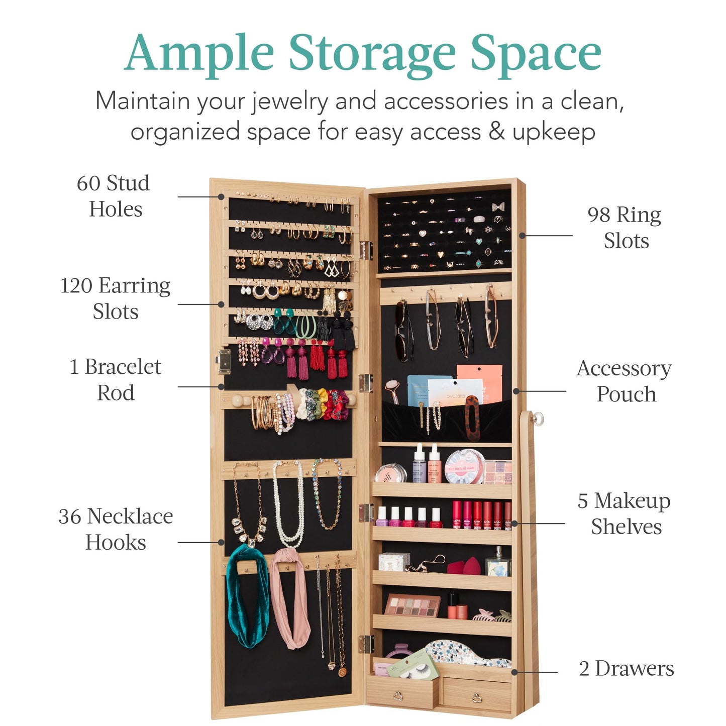 Best Choice Products Freestanding Jewelry Armoire Cabinet, Full Length Standing Mirror, Lockable Makeup Storage Organizer, w/Velvet Lining, 3 Angles, Lock, Accessory Pouch, 5 Shelves - Natural Oak