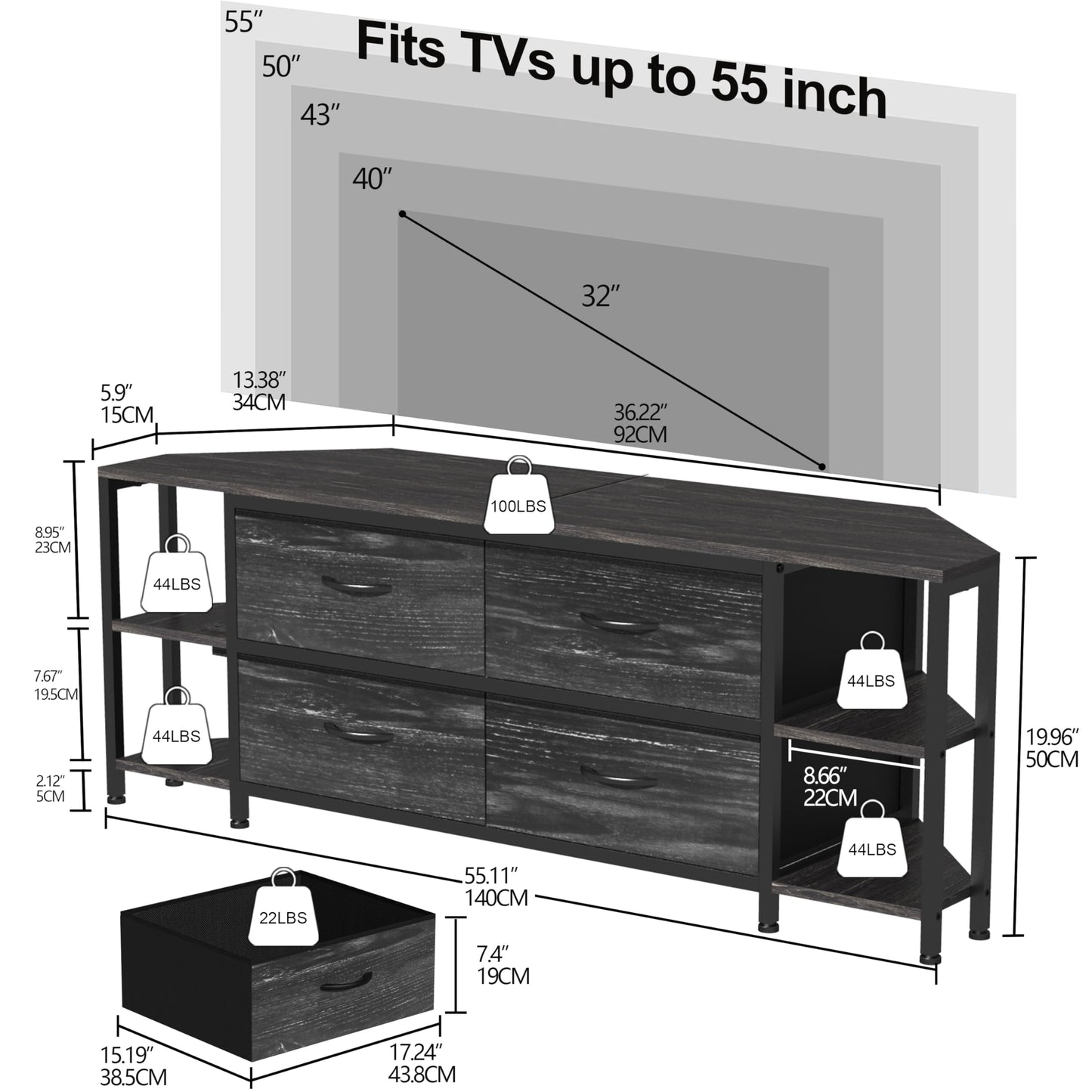 EXOTICA Corner TV Stand for 55 inch TV with Drawer and Charge Station Black Corner Entertainment Center for Living Room Modern Corner Console Table with 4 Open Storage Shelves Metal Frame