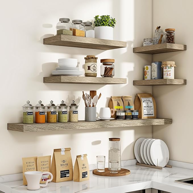 Acovy 16 Inch Floating Shelves, 3D Textured Wood Grain, Wooden Shelves