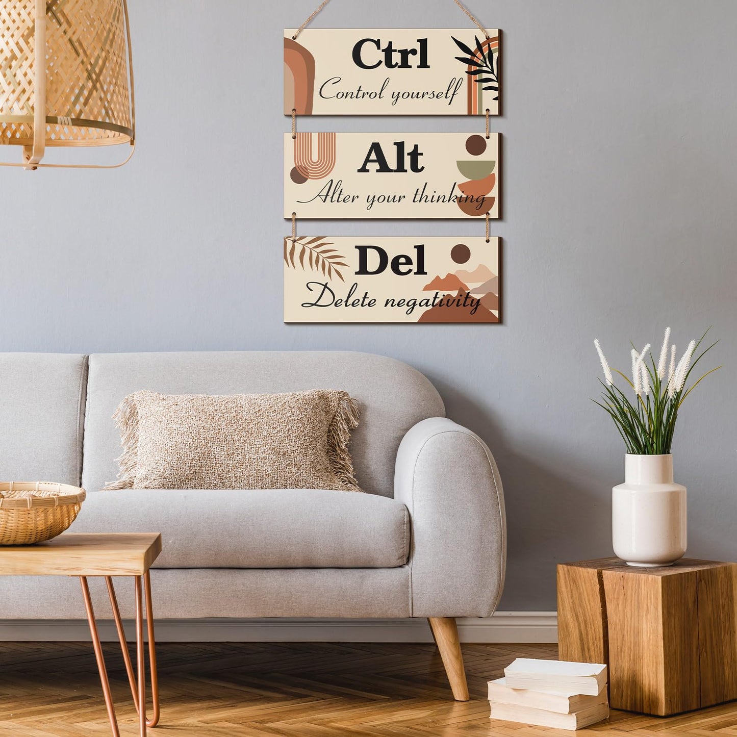 Lewtemi Boho Office Wall Decor Summer Inspirational Signs Rustic Wooden Ctrl Alt Del Decor with Saying Hanging Motivational Wall Plaques for Office Women Door Home Work(Brown)