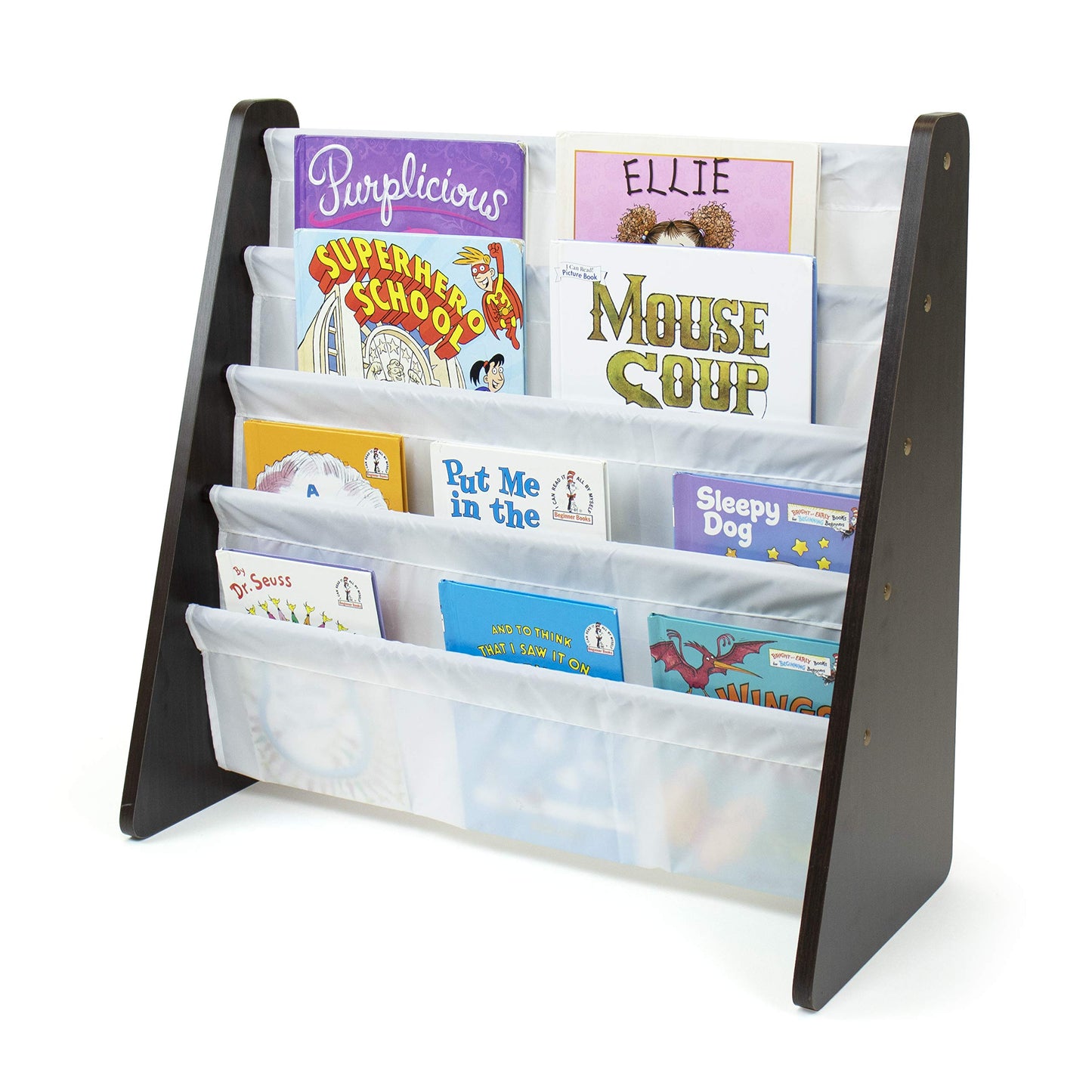 Humble Crew Kids Bookshelf, 4-Tier Front-Facing Book Display Organizer, Montessori Toddler Bookcase for Playroom, Bedroom & Reading Corner, Espresso Wood/White