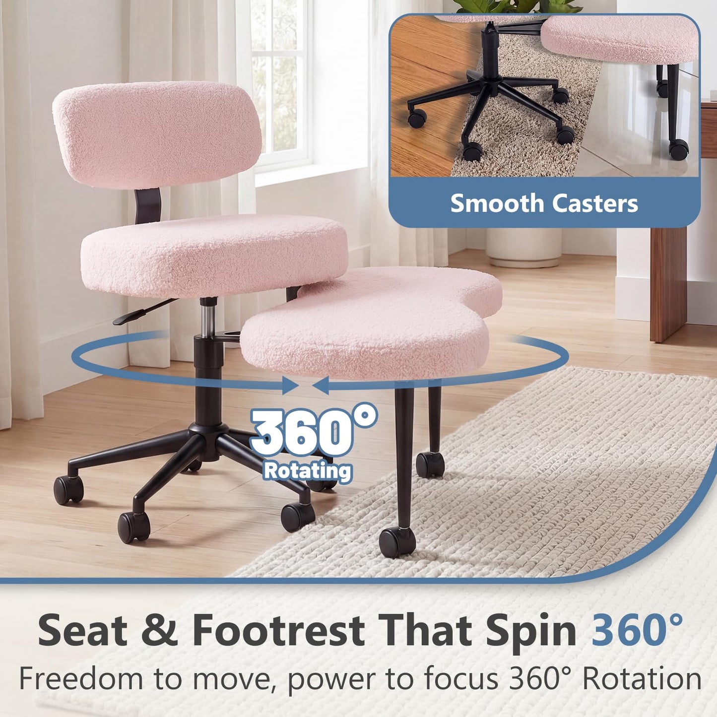 DUMOS Ergonomic ADHD Cross Legged Office Desk Chair with Adjustable Backrest, Height Adjustable Meditation Chair with 360° Swivel Footstool, Teddy Fabric Yoga Stool for Home Office, Pink