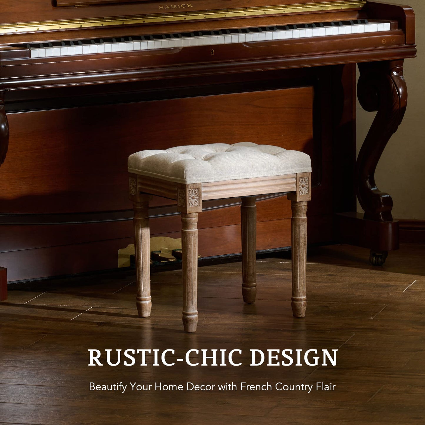VONLUCE Ottoman Stool, Length: 15.7 inch, Width: 11.8 inch, Height: 18.5inch, Beige, with Padded Seat, Wood Frame, Button Tufted, for Dining, Living Room, Bedroom, Piano, Dressing, Vanity, Foot Rest