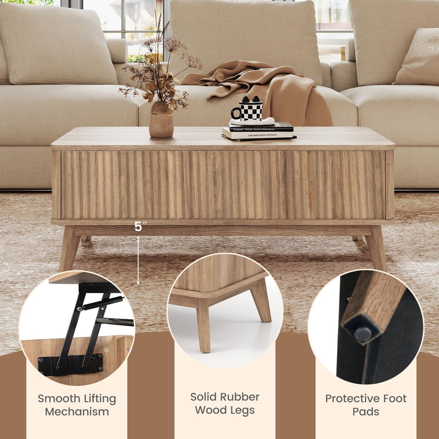 Giantex Lift Top Coffee Table with Storage, 43.5" Mid Century Modern Center Table with Solid Wood Leg & Hidden Compartment, Minimalist Fluted Living Room Table for Home Office, Oak