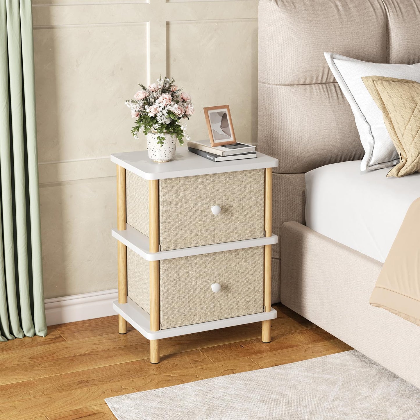 Apicizon Nightstand with 2 Storage Drawers, Boho Side Table with Solid Wood Legs, End Table for Small Spaces, Bedroom, Living Room, Entryway, White+Natural