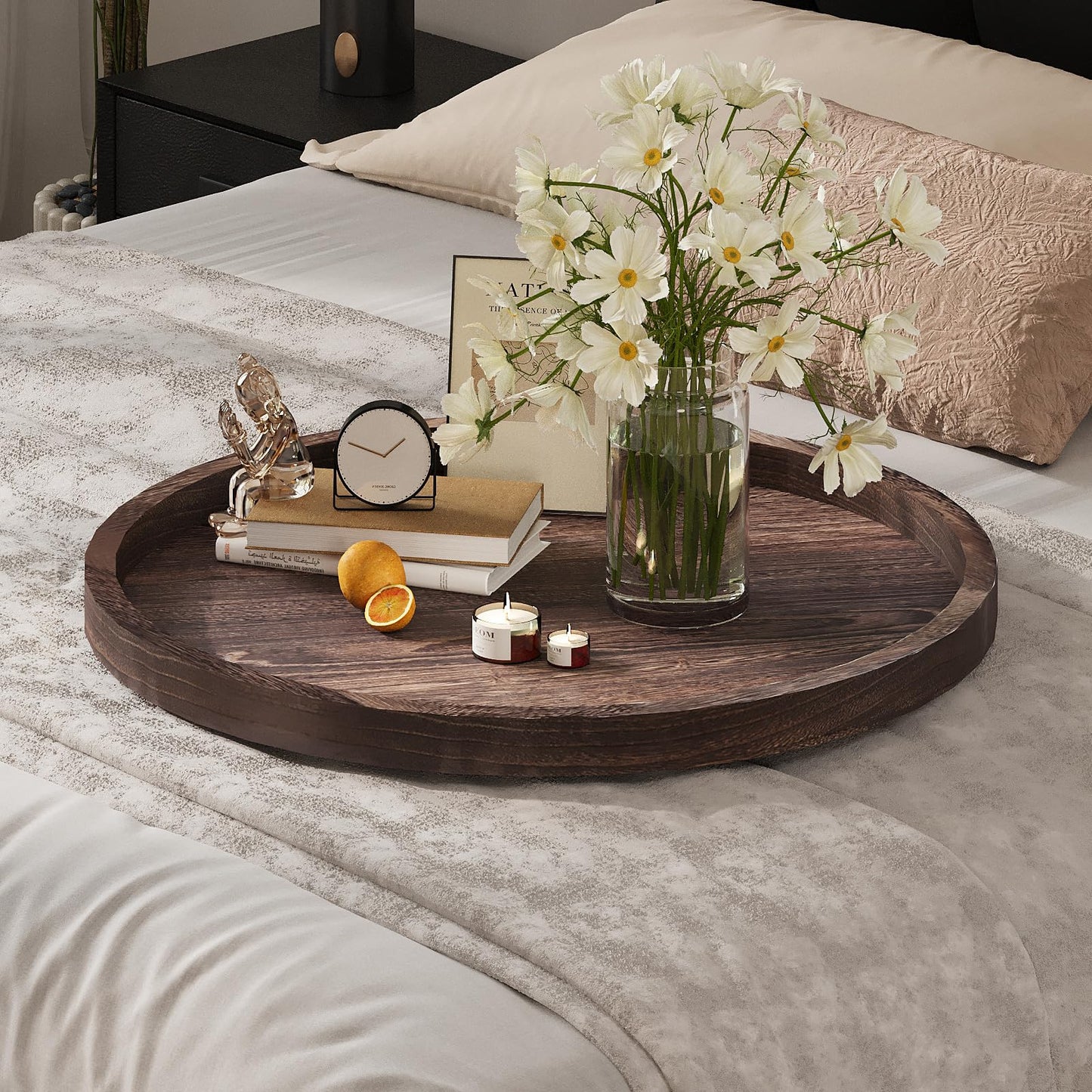 Round Ottoman Tray Large Wood Serving Tray for Table Living Room Bedroom, 20 Inches Rustic Brown