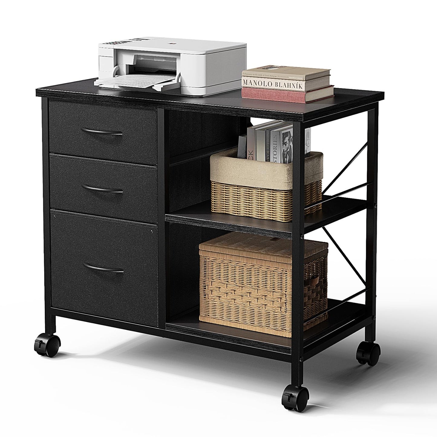 DUMOS 3 Drawer Mobile File Cabinet, Freestanding Fabric Lateral Filing Cabinet Fits A4/Letter Size, Space Saving Rolling Printer Stand with X-Frame and Open Storage Shelf for Home Office, Modern Black