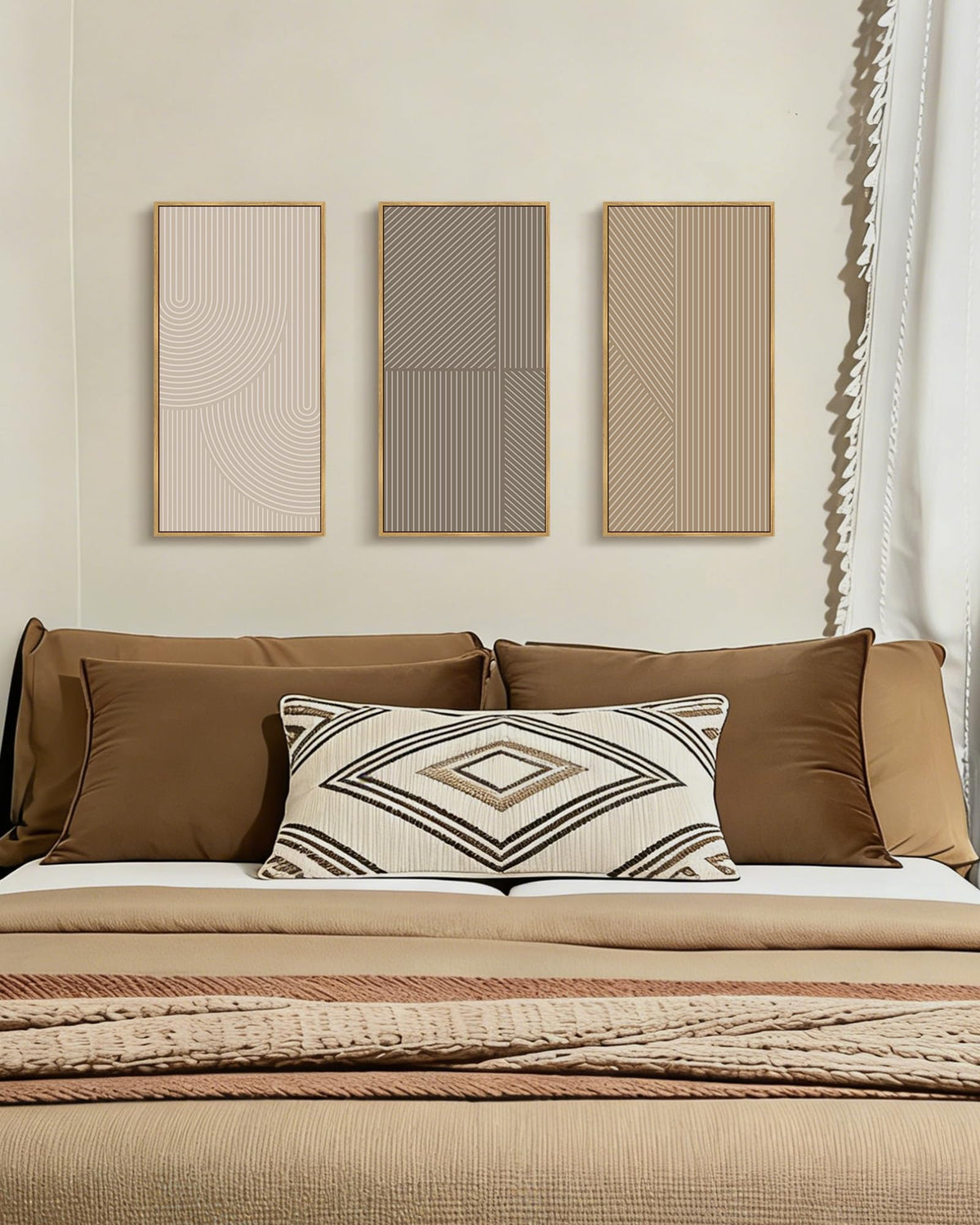 KUVIOKE Boho Minimalist Abstract Framed Wall Art Modern Line Wall Decor Geometric Artwork Kitchen Dining Room 8x16in3pcs Natural Framed
