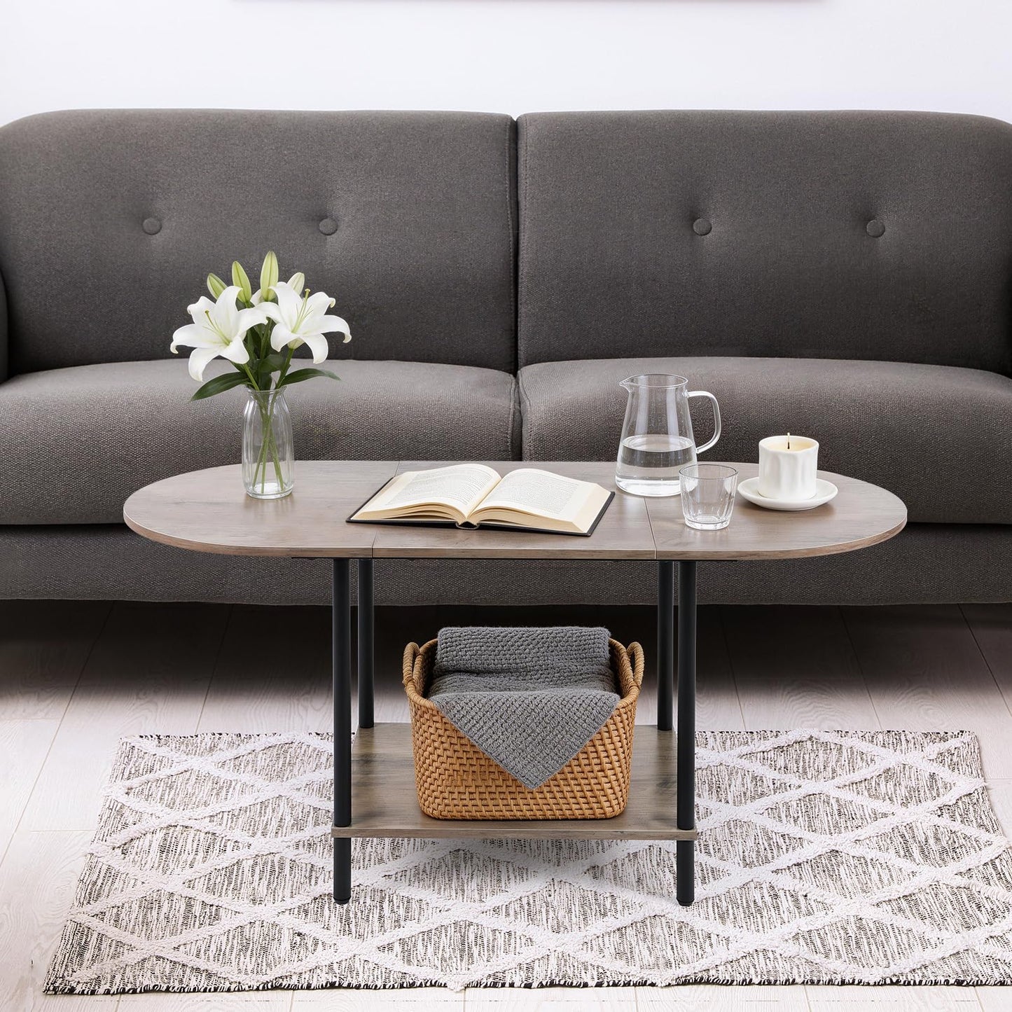 Small Coffee Table,35.4'' Oval Coffee Table with Storage Shelf & Metal Frame,Low Cocktail Tea Accent Table for Apartment,Modern Mid Century Small Living Room Table,Rustic Grey