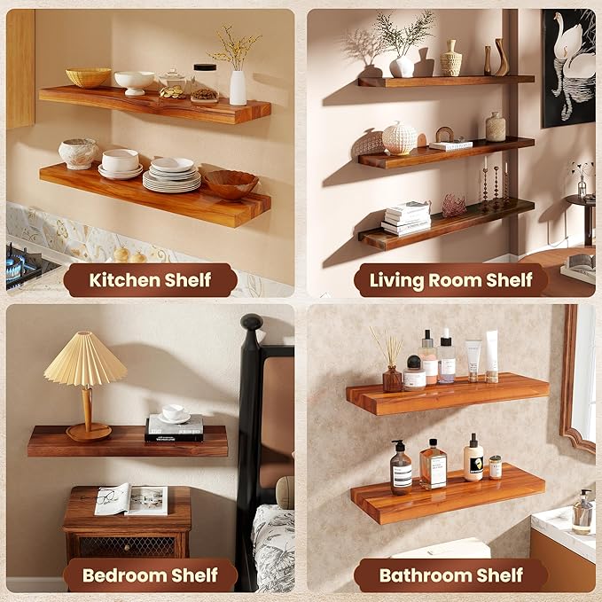 55" Solid Teak Floating Wall Shelf