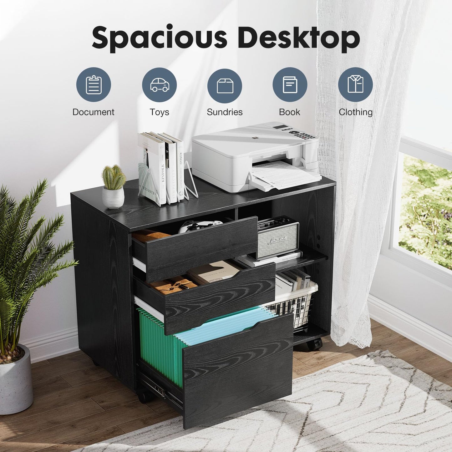 DUMOS Lateral File Cabinet with 3 Drawers Rolling Filing Cabinets Under Desk Storage Printer Stand Wood Organizer with Wheels Adjustable Shelf for Office Home Small Space, Black