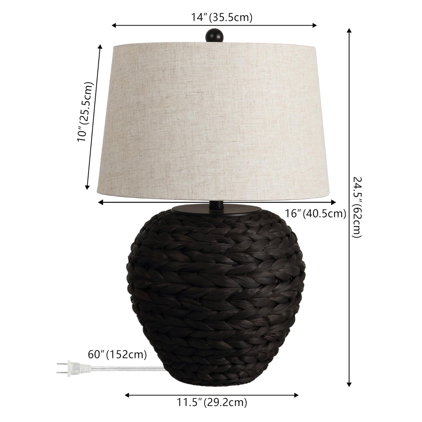 JONATHAN Y 24.5" Black Water Hyacinth Farmhouse Basket Table Lamp, Coastal Decor for Living Room Bedroom Nightstand, Light Gray Linen Shade, LED Bulb Included (JYL6501D)