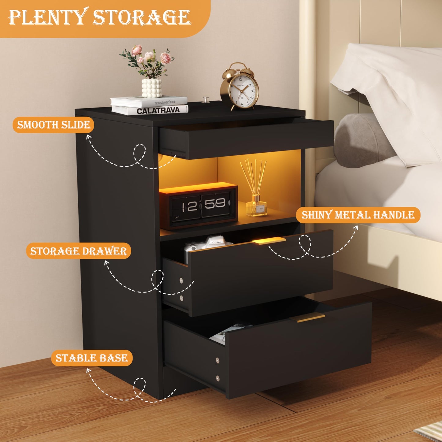 Yusong Night Stand with Gun Drawer & Invisible Lock, Bedside Table, LED Nightstand with Charging Station, Modern Night Stand, Wood Sofa Couch End Side Table with 2 Pull-Out Shelf (Black 002)