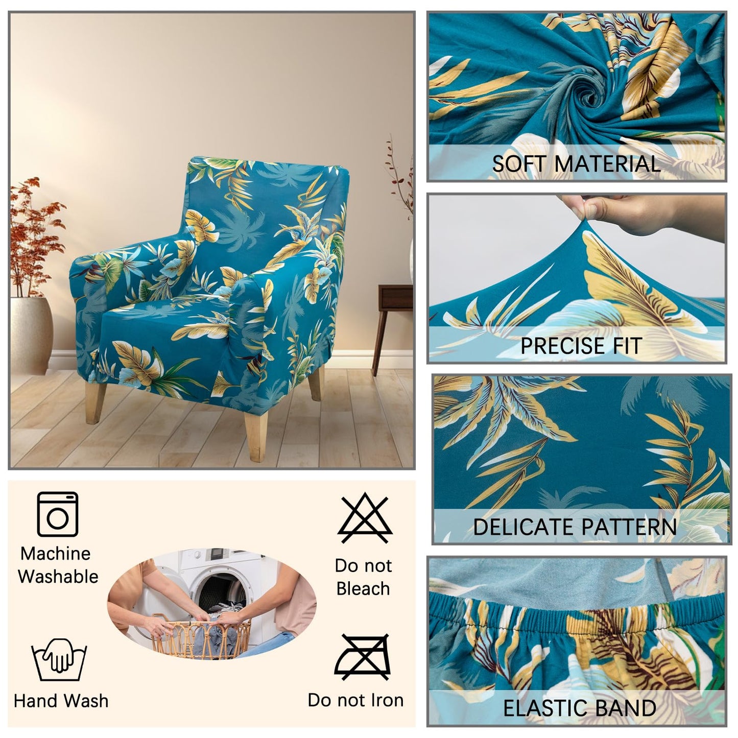Adigau Printed Armchair Slipcover Stylish Elastic 1-Piece Chair Covers with Arms Soft Covers Couch Protector for Living Room/Bedroom(Green Leaf)