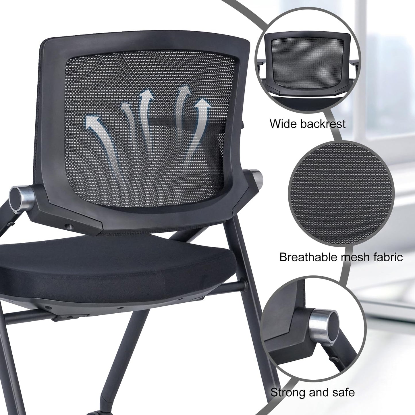BROBRIYO Upgraded Folding Chair with Wheels and Padded, Ergonomic Mesh Back and Arms for Office, Meetings, Conferences, Receptions, Training Rooms & Folding Office Chairs