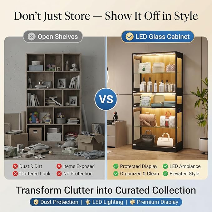 Display Cabinet with Glass Doors & LED Lights, 5 Tier Lighted Display Case