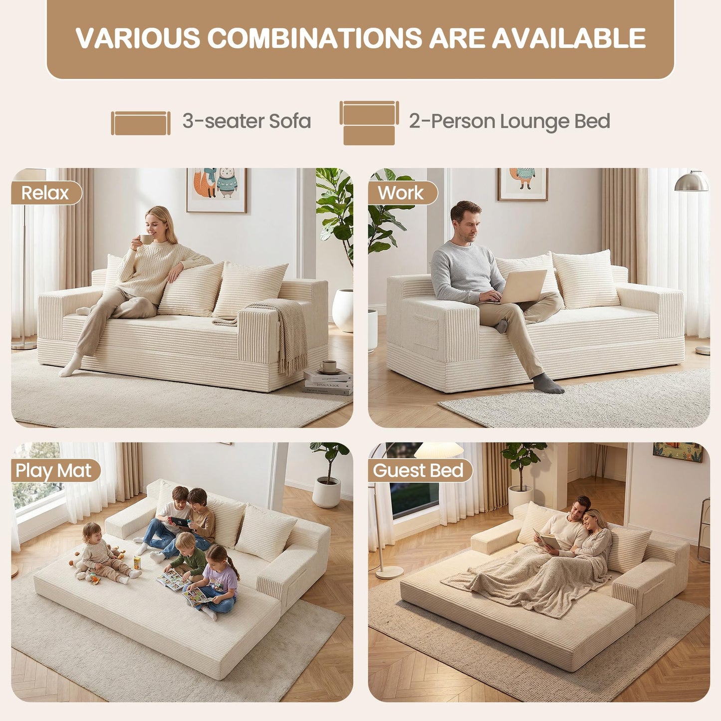 feliz home 78.5” Convertible Sofa Bed,Corduroy 3 Seater Boneless Couch Bed Futon,Fold Out Couch with 3 Pillows,Loveseat Sleeper with Pull Out Bed for Living Room, Guest,Bedroom,Beige